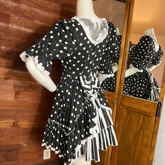 VINTAGE 80s Sweetheart Square Dance Dress Size 6 Retro Polkadot Gothic - Picture 6 of 7